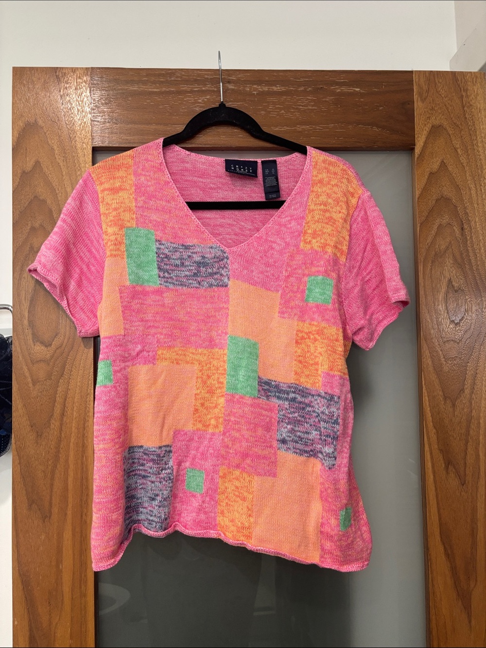 Liz Claiborne Pink Patchwork V-Neck Short Sleeve Top